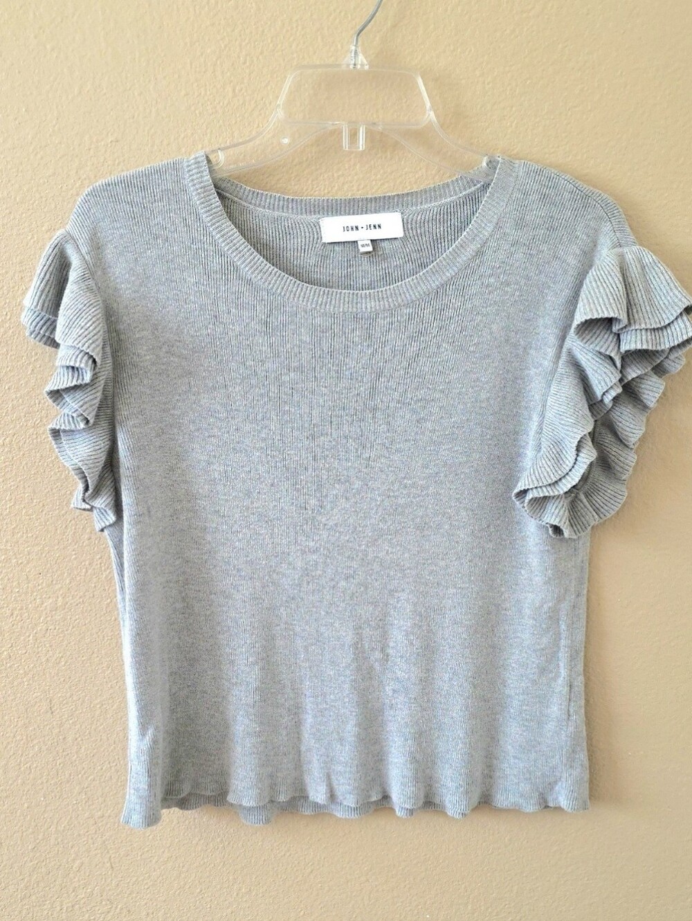 John & Jenn Gray Rib Knit Ruffle Tee - Size Medium